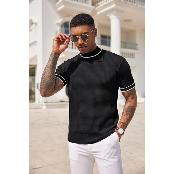 Men Black Ribbed Knit Polo Shirt Short Sleeve Slim Fit Casual Pullover Top - Picture 2 of 5